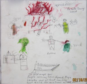 A drawing by a 12 year old boy from Pa Lote Taung Ward shows soldiers shooting at boats full of Rohingya, all of whom died.