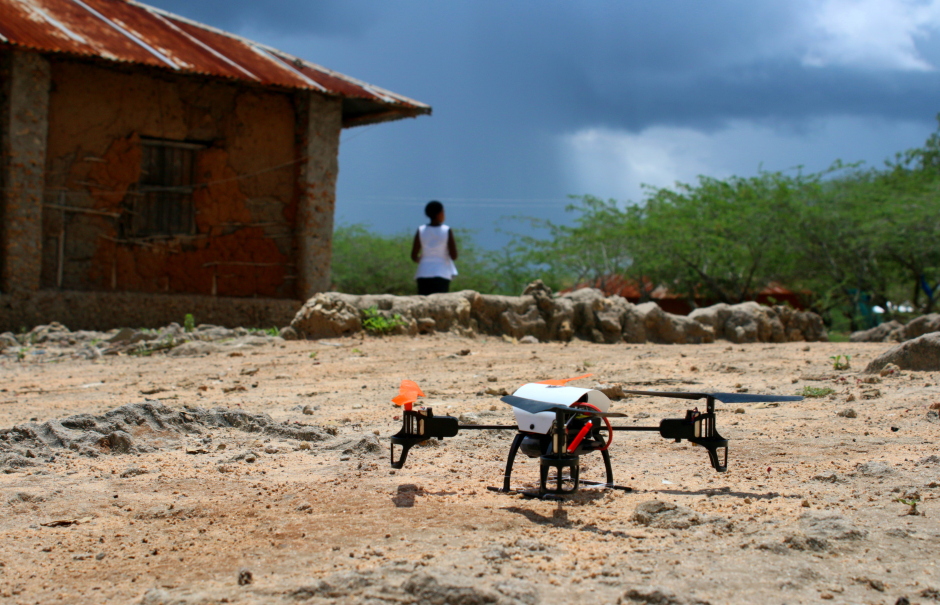 The Sentinel Project demonstration drone prepares to take flight ahead of thunderstorms in Kibusu, Tana River County, Kenya